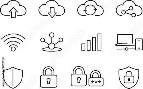 Line style icons of Cloud upload download: cloudup, clouddown, cloudsync, cloudshare; wifi, network, signal, connection; secure,