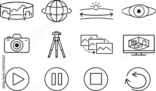 Line style vector icons of 360 apartment tour: panorama, sphere, horizon, view; camera, tripod, stitch, render; play, pause, stop