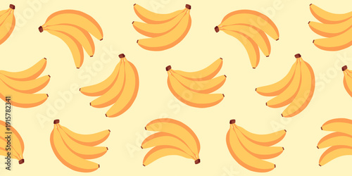 Seamless pattern with banana on pastel background. Bright tropical fruit repeat design for card, fabric, wrapping, wallpaper, textile, packaging, print, summer, kids decor. Flat vector. Hand drawn.