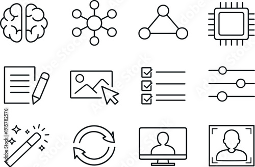 Line style vector icons of AI avatar generation: brain, network, node, chip; prompt, input, option, slider; generate, process,