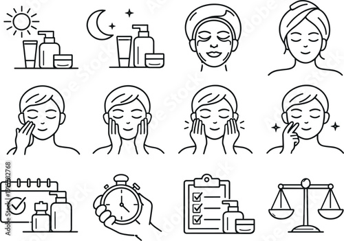 Line style vector icons of pharmacy skincare routine: morning care, evening care, mask day, rest day; step one, step two, step