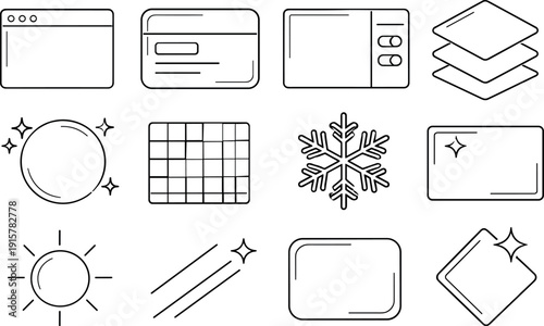 Line style vector icons of glassmorphism interface: window, card, panel, layer; blur, transparency, frost, glass; light,