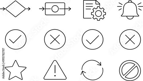 Line style vector icons of navigation logic icons: decision, condition, rule, trigger; yes, no, true, false; success, error,