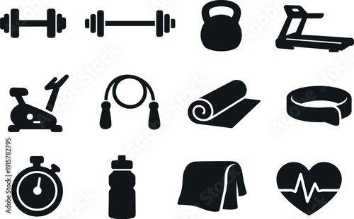 Solid vector icons of sports fitness: dumbbell, barbell, kettlebell, treadmill, exercise bike, jump rope, yoga mat, resistance