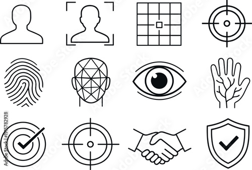 Line style icons of biometric identification system: user profile, id frame, scan grid, target; fingerprint lines, facial mesh,