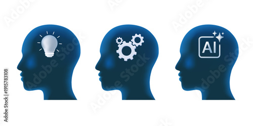 Human heads with technology cogwheel, AI, idea. Engineering thinking, artificial intelligence, cogwheel placed in empty human head shape isolated on white background. AI Agent, symbolizing artificial
