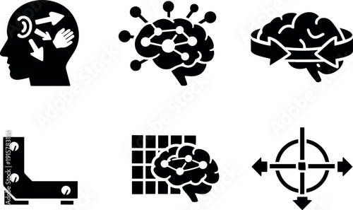 Solid vector icons of neural-circuit restructuring: redistributed sensory load, emerging cortical nodes, compensatory routing