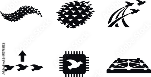 Solid vector icons of emergent flock coordination: bird swarm wave, shape-shifting cluster, unified aerial path; alignment guide,