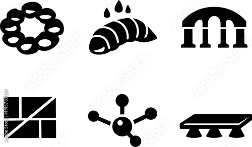Ant-Architecture Blueprint. Solid vector icons of advanced ant-architecture networks: chamber cluster ring, moisture-control