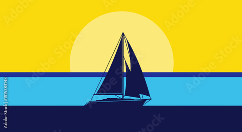 Dark blue sailboat silhouette on yellow sunset over sea illustration for summer travel poster