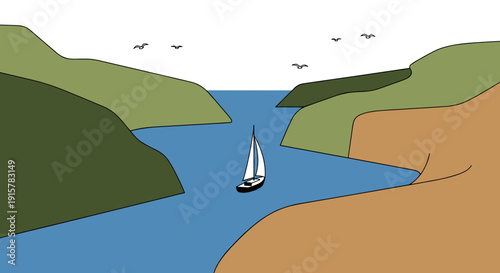 Sailboat sailing through river canyon landscape flat illustration for adventure travel concept