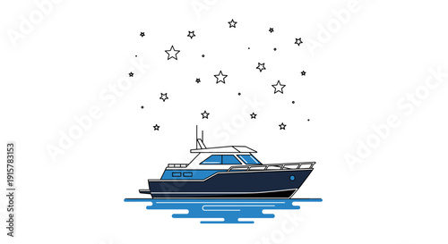 Blue motor yacht on night water with stars flat illustration for luxury travel concept