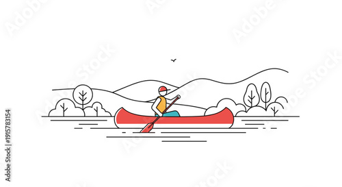 Man paddling red canoe on calm river flat illustration for outdoor adventure concept