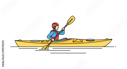 Man kayaking in yellow kayak flat illustration for water sport and recreation design