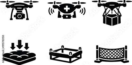 Solid style icons of safety and stabilization drones: stabilizer drone, safety-assist drone, load-distribution drone,