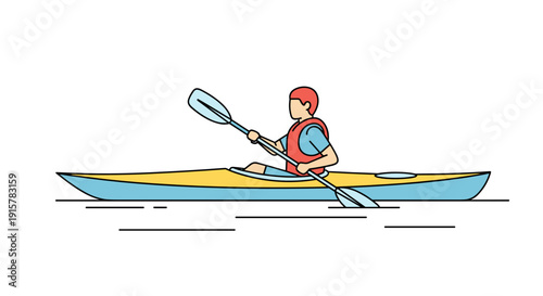 Man paddling blue kayak on calm water flat illustration for active lifestyle concept
