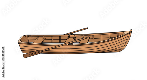 Wooden rowing boat isolated on white background for nautical and fishing design