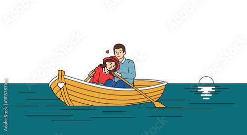 Romantic couple rowing yellow boat on calm sea at sunset for love and dating concept