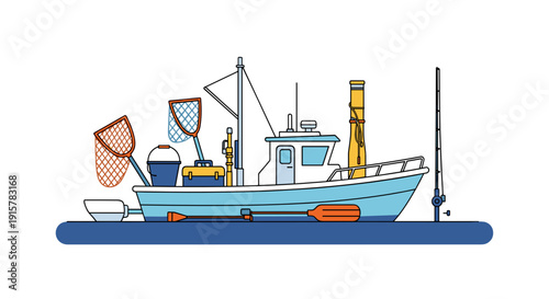 Fishing boat with nets and equipment flat illustration for commercial seafood industry