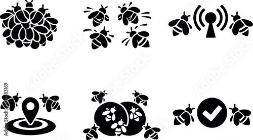 Solid style icons of bee quorum formation: clustered bees, heightened activity bees, quorum threshold signals, gathering points,