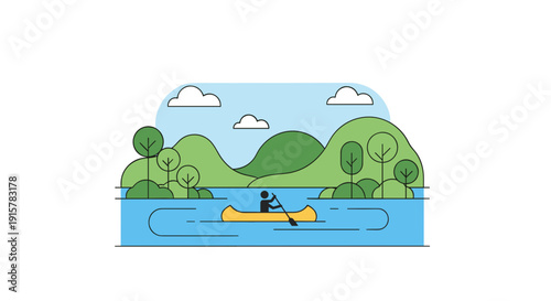 Person canoeing on calm river with green hills flat illustration for outdoor adventure