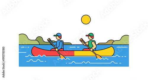 Two men paddling red and yellow canoe on blue river under sun for summer adventure concept