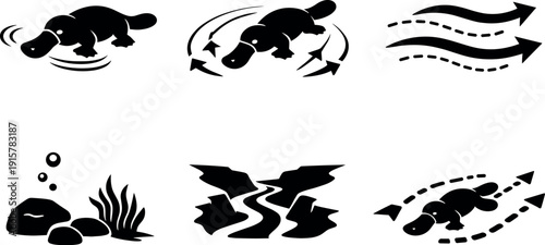 Solid style icons of platypus foraging navigation: sweeping bill motions, scanning paths, current flow patterns, underwater