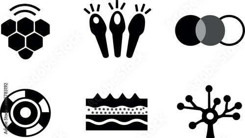 Solid style icons of UV perception mechanisms: compound eye facets, UV-sensitive receptors, spectral separation bands, contrast