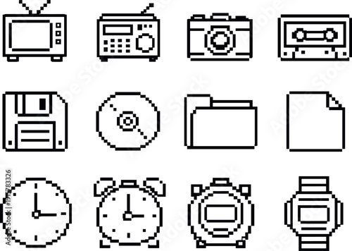 Line style vector icons of nostalgic pixel style: pixel tv, pixel radio, pixel camera, pixel cassette; pixel floppy, pixel disk,