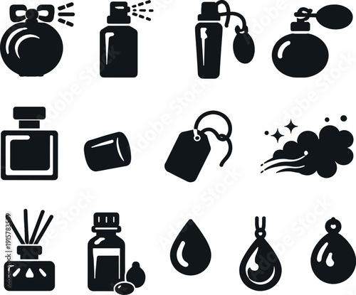 Solid vector icons of personal fragrance: perfume flacon, spray bottle, scent vial, atomizer, glass bottle, cap, label tag, mist