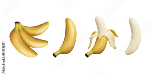Yellow banana fruits 3D realistic illustration. Whole and peeled bananas icon. Organic tropical fruit for juice, smoothie or healthy food. Vector illustration isolated on white background