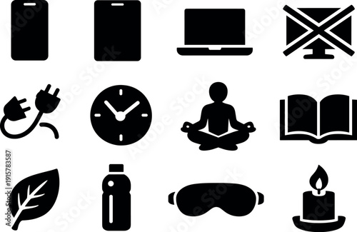 Solid vector icons of digital detox: smartphone, tablet, laptop, crossed-out screen, unplug icon, clock, meditation pose, book,