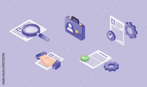 Isometric Business and HR Icons with Purple and Blue Tones on Light Purple Background
