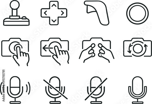Line style vector icons of handheld controls: joystick, dpad, trigger, button; camera tap, camera swipe, camera zoom, camera
