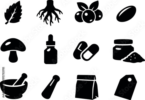 Solid vector icons of natural supplements: herb leaf, root, berry, seed, mushroom, tincture bottle, capsule, powder jar, mortar,