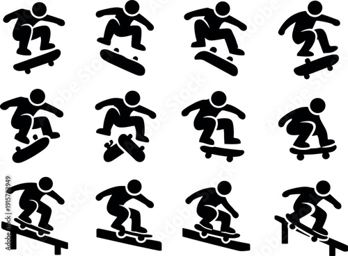 Solid vector icons of skateboard tricks: ollie, kickflip, heelflip, pop shove it, varial flip, tre flip, nollie, fakie,