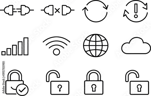 Line style icons of Connection status: connected, disconnected, syncing, retry; signal, wifi, network, cloud; secure, unsecured,