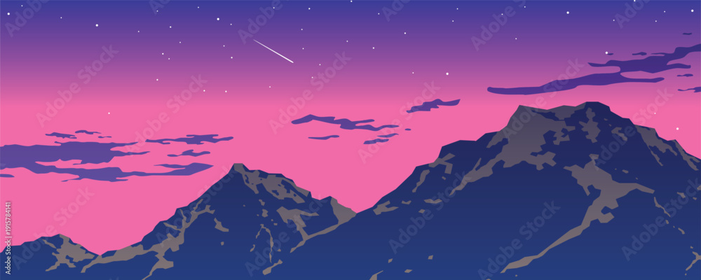 Fototapeta premium Mountain landscape at pink twilight with starry sky, shooting star and soft clouds, dramatic peaks in silhouette, modern flat vector illustration.