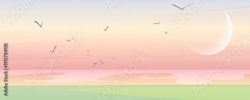 Minimal seaside sunset with crescent moon and flying birds, soft pastel gradient sky over calm ocean horizon, serene flat vector background illustration.