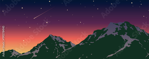 Mountain peaks at sunset under starry night sky with shooting star, colorful orange to purple gradient horizon, scenic nature flat vector illustration.