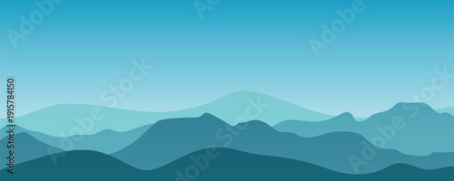 Minimal layered mountain landscape with soft blue gradient sky and misty hills, calm nature scenery, abstract flat vector illustration background.