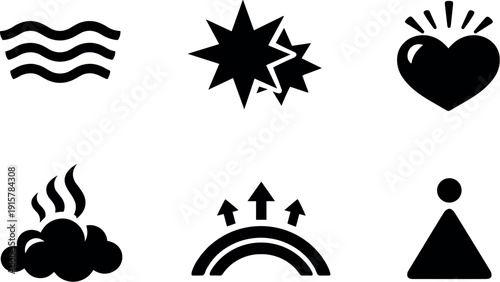 Solid style icons of aura phenomena from temporal lobe activity: sensory distortion wave, déjà-vu flare, emotional surge icon,