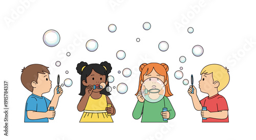 Children blowing soap bubbles together for playful childhood and summer activity concept