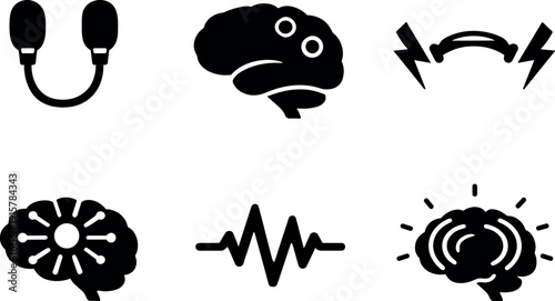 Solid style icons of brain electrical stimulation: electrode pair, cortical surface outline, stimulation pulse arc, targeted