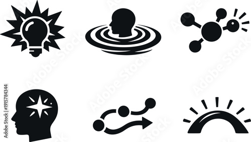 Solid style icons of spontaneous recollection episodes: sudden insight flare, memory ripple, detail-flash node, recognition spark