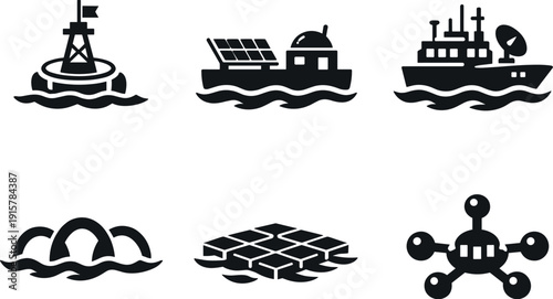 Solid style icons of ocean-surface infrastructure: buoy platform, solar-assisted module, control station, wave-stability arcs,