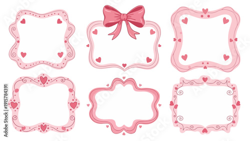 Set of Decorative Pink Frames with Hearts and Bows, Perfect for Valentine's Day or Wedding Invitations
