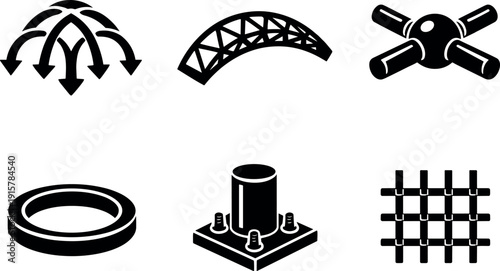 Solid style icons of structural engineering for petal domes: load-distribution arcs, curved truss segment, torsion node,