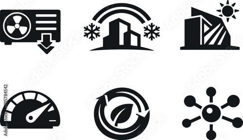 Solid style icons of energy-efficient building systems: reduced HVAC load icon, passive cooling arc, optimized daylight entry,