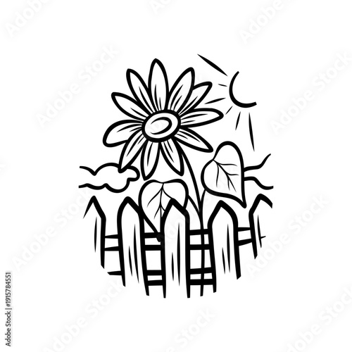 Minimalist doodle landscape illustration with sunflower in the garden, sun, clouds and fence in simple line art style. Hand drawn garden scene for prints, cards, posters and decorative design.